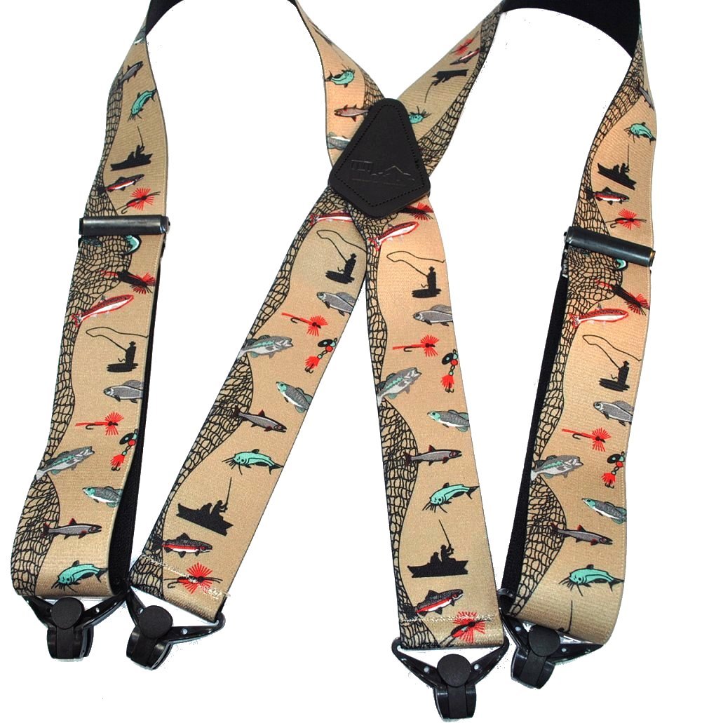 Holdup Brand FishTales Pattern Outdoorsman Suspenders with USA Patented Jumbo Gripper Clasps